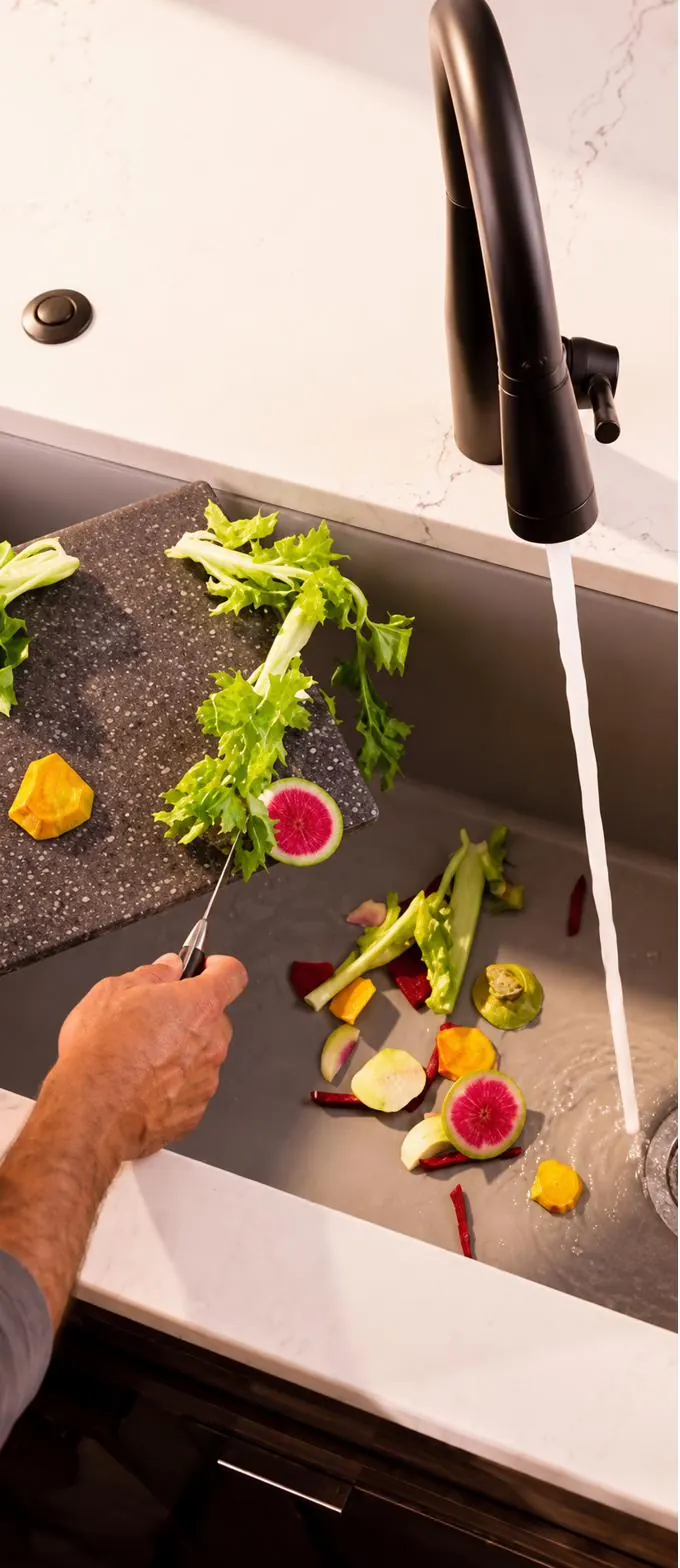 A kitchen sink with the cold tap running and vegetable trimmings ready for the disposer; the air switch sits on the worktop.
